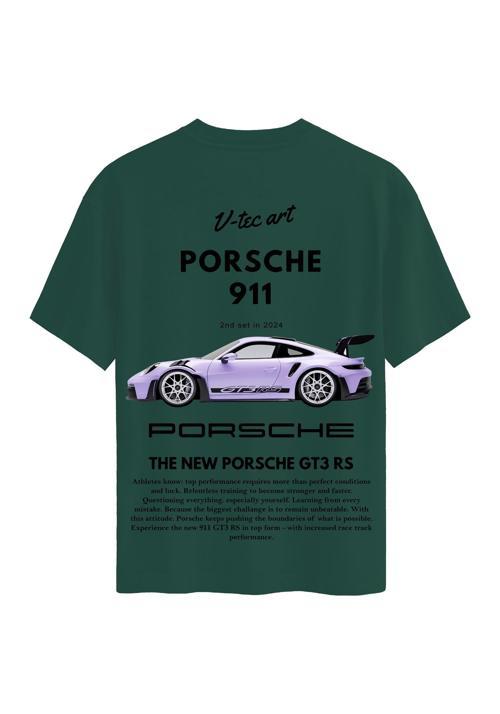 Unisex Bisiklet Yaka %100 Organik Pamuklu Kalın Dokulu Porsche 911 Baskılı Oversize T-shirt - KOYU YEŞİL