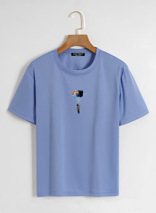 Unisex Oversize Bisiklet Yaka Balloon Astronaut Baskılı Basic T-Shirt - MAVİ