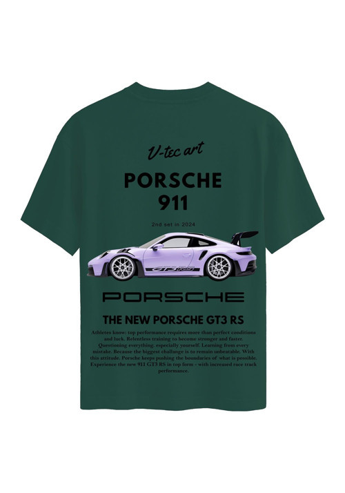 Unisex Bisiklet Yaka %100 Organik Pamuklu Kalın Dokulu Porsche 911 Baskılı Oversize T-shirt - KOYU YEŞİL