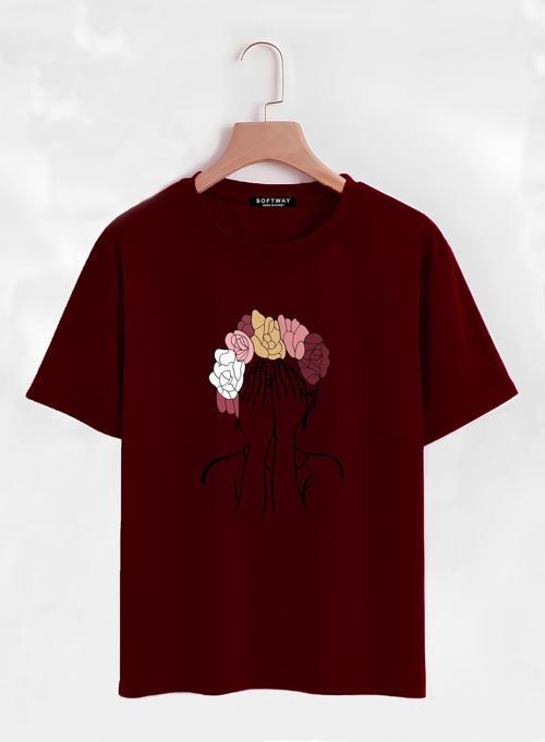 Unisex Oversize Bisiklet Yaka Colorful Hair Baskılı Basic T-Shirt - BORDO