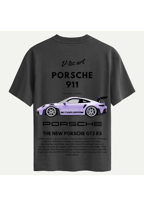 Unisex Bisiklet Yaka %100 Organik Pamuklu Kalın Dokulu Porsche 911 Baskılı Oversize T-shirt - FÜME