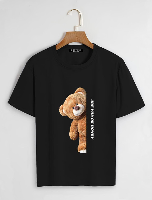 Unisex Oversize Bisiklet Yaka Are You Ok Honey Baskılı Basic T-Shirt - SİYAH