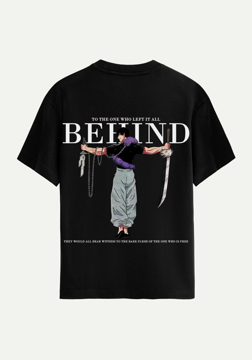 Unisex Bisiklet Yaka %100 Organik Pamuklu Kalın Dokulu Behind Baskılı Oversize T-shirt - SİYAH