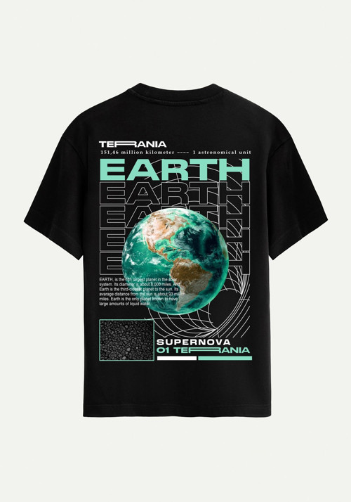 Unisex Bisiklet Yaka %100 Organik Pamuklu Kalın Dokulu Earth Baskılı Oversize T-shirt - SİYAH