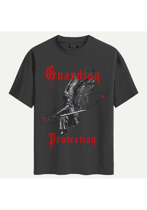 Unisex Bisiklet Yaka %100 Organik Pamuklu Kalın Dokulu Guardian Protection Baskılı Oversize T-shirt - FÜME