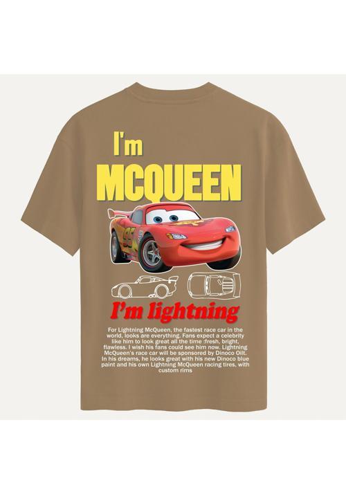 Unisex Bisiklet Yaka %100 Organik Pamuklu Kalın Dokulu McQueen Baskılı Oversize T-shirt - AÇIK KAHVERENGİ