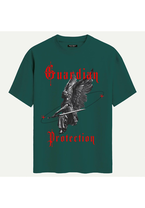 Unisex Bisiklet Yaka %100 Organik Pamuklu Kalın Dokulu Guardian Protection Baskılı Oversize T-shirt - KOYU YEŞİL