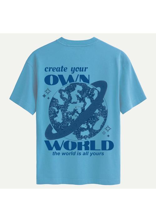 Unisex Bisiklet Yaka %100 Organik Pamuklu Kalın Dokulu Own World Baskılı Oversize T-shirt - MAVİ