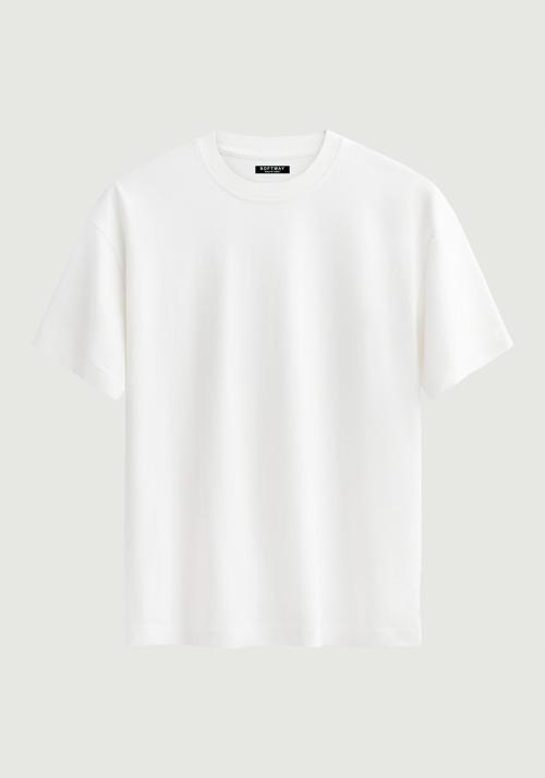 Unisex Bisiklet Yaka %100 Organik Pamuklu Kalın Dokulu Düz Oversize T-shirt - BEYAZ