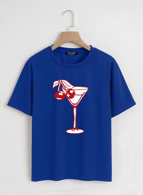 Unisex Oversize Bisiklet Yaka Cherry Cocktail Baskılı Basic T-Shirt - SAKS MAVİSİ