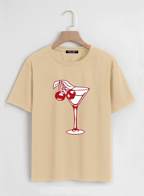 Unisex Oversize Bisiklet Yaka Cherry Cocktail Baskılı Basic T-Shirt - BEJ