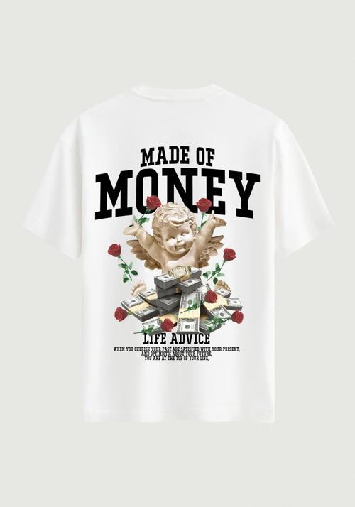 Unisex Bisiklet Yaka %100 Organik Pamuklu Kalın Dokulu Made Of Money Baskılı Oversize T-shirt - BEYAZ