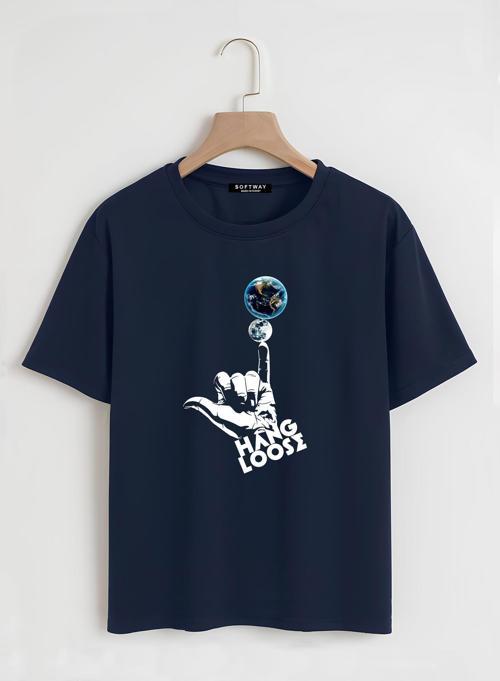 Unisex Oversize Bisiklet Yaka Hang Loose Baskılı Basic T-Shirt - LACİVERT