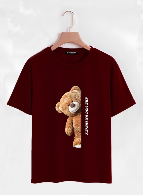 Unisex Oversize Bisiklet Yaka Are You Ok Honey Baskılı Basic T-Shirt - BORDO