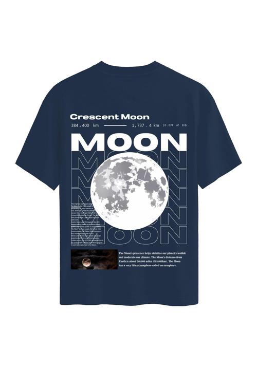Unisex Bisiklet Yaka %100 Organik Pamuklu Kalın Dokulu Moon Baskılı Oversize T-shirt - LACİVERT