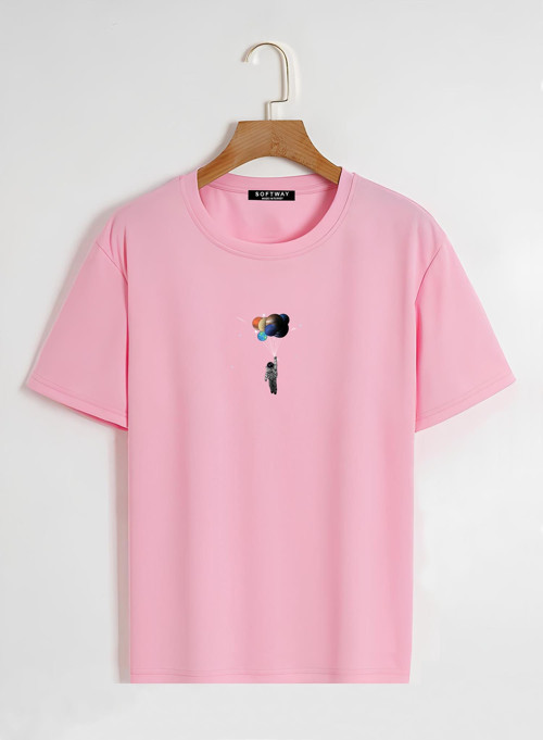Unisex Oversize Bisiklet Yaka Balloon Astronaut Baskılı Basic T-Shirt - PEMBE