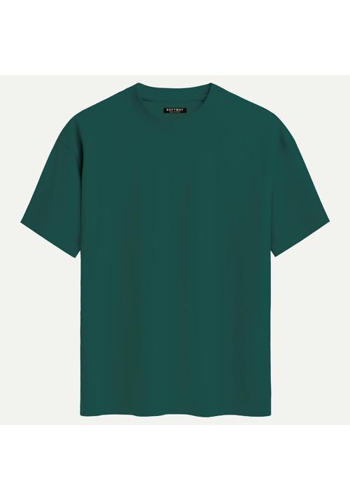 Unisex Bisiklet Yaka %100 Organik Pamuklu Kalın Dokulu Düz Oversize T-shirt - KOYU YEŞİL