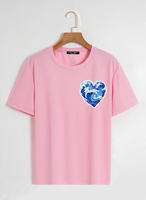 Unisex Oversize Bisiklet Yaka Ocean Heart Baskılı Basic T-Shirt - PEMBE