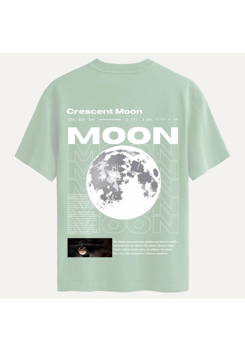 Unisex Bisiklet Yaka %100 Organik Pamuklu Kalın Dokulu Moon Baskılı Oversize T-shirt - BEJ