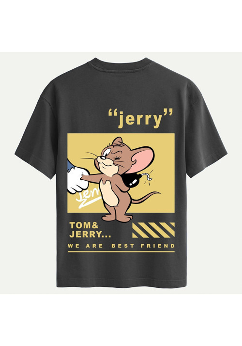 Unisex Bisiklet Yaka %100 Organik Pamuklu Kalın Dokulu Jerry Baskılı Oversize T-shirt - FÜME