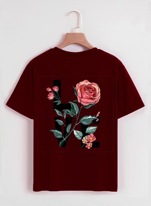 Unisex Oversize Bisiklet Yaka Rose Love Baskılı Basic T-Shirt - BORDO