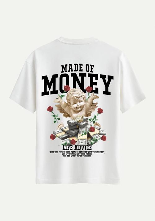 Unisex Bisiklet Yaka %100 Organik Pamuklu Kalın Dokulu Made Of Money Baskılı Oversize T-shirt - EKRU