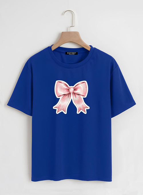 Unisex Oversize Bisiklet Yaka Powder Pink Ribbon Baskılı Basic T-Shirt - SAKS MAVİSİ