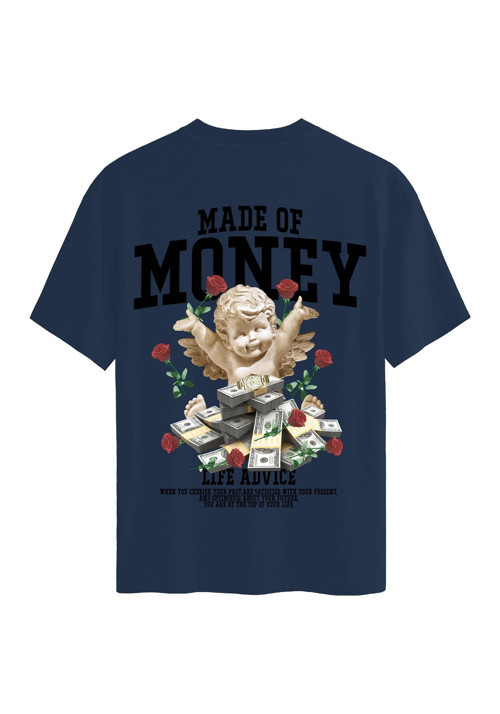 Unisex Bisiklet Yaka %100 Organik Pamuklu Kalın Dokulu Made Of Money Baskılı Oversize T-shirt - LACİVERT