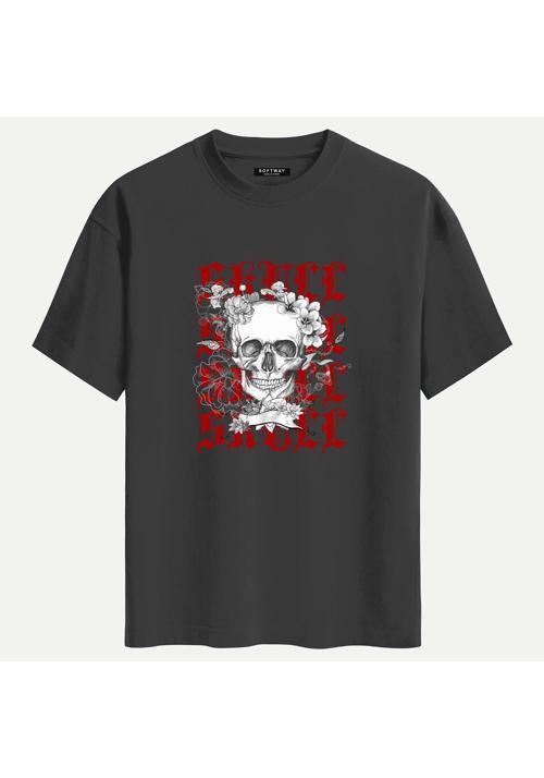 Unisex Bisiklet Yaka %100 Organik Pamuklu Kalın Dokulu Skull Baskılı Oversize T-shirt - FÜME