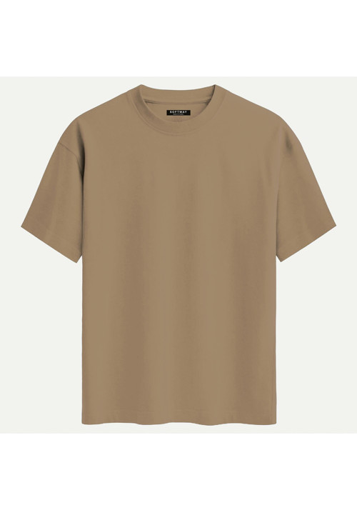 Unisex Bisiklet Yaka %100 Organik Pamuklu Kalın Dokulu Düz Oversize T-shirt - AÇIK KAHVERENGİ