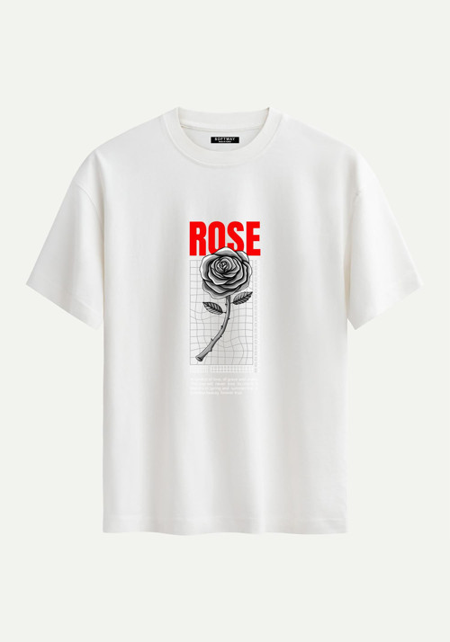 Unisex Bisiklet Yaka %100 Organik Pamuklu Kalın Dokulu Rose Baskılı Oversize T-shirt - EKRU