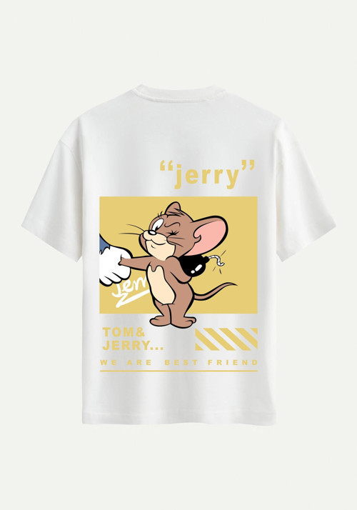 Unisex Bisiklet Yaka %100 Organik Pamuklu Kalın Dokulu Jerry Baskılı Oversize T-shirt - EKRU
