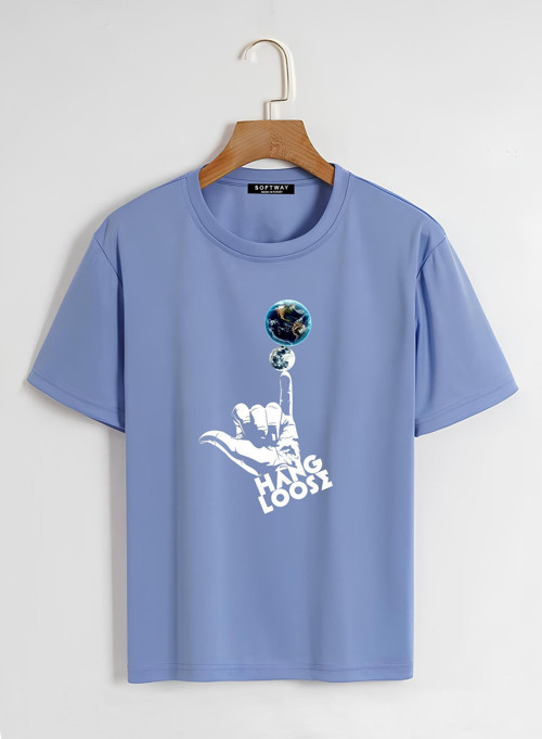 Unisex Oversize Bisiklet Yaka Hang Loose Baskılı Basic T-Shirt - MAVİ