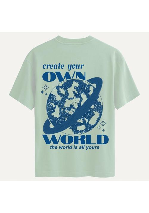 Unisex Bisiklet Yaka %100 Organik Pamuklu Kalın Dokulu Own World Baskılı Oversize T-shirt - BEJ