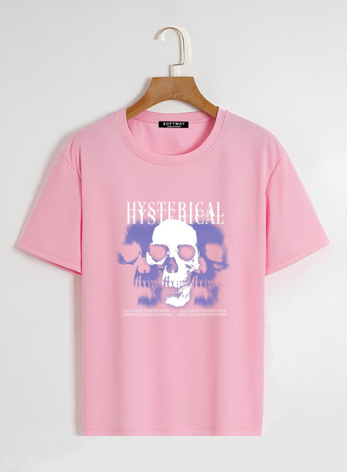 Unisex Oversize Bisiklet Yaka Hysterigal Baskılı Basic T-Shirt - PEMBE