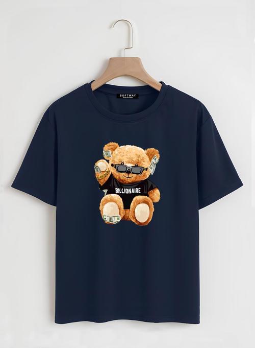Unisex Oversize Bisiklet Yaka Billionaire Baskılı Basic T-Shirt - LACİVERT