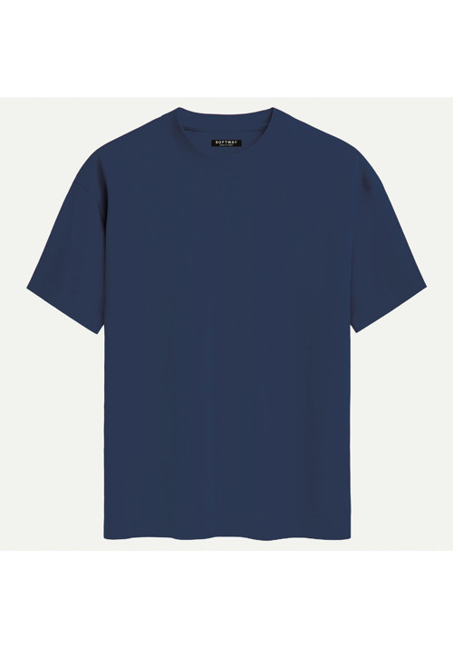 Unisex Bisiklet Yaka %100 Organik Pamuklu Kalın Dokulu Düz Oversize T-shirt - LACİVERT
