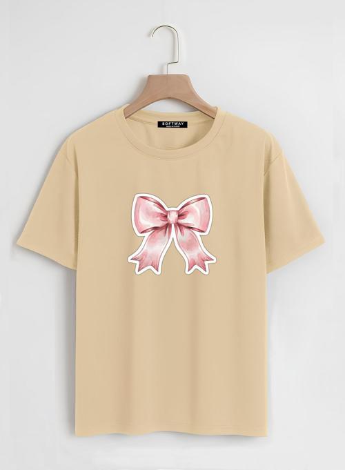 Unisex Oversize Bisiklet Yaka Powder Pink Ribbon Baskılı Basic T-Shirt - BEJ