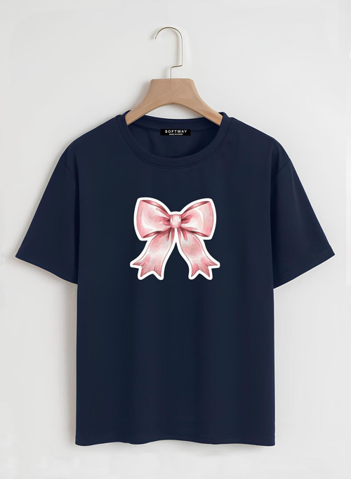 Unisex Oversize Bisiklet Yaka Powder Pink Ribbon Baskılı Basic T-Shirt - LACİVERT