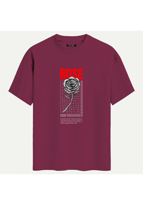 Unisex Bisiklet Yaka %100 Organik Pamuklu Kalın Dokulu Rose Baskılı Oversize T-shirt - BORDO