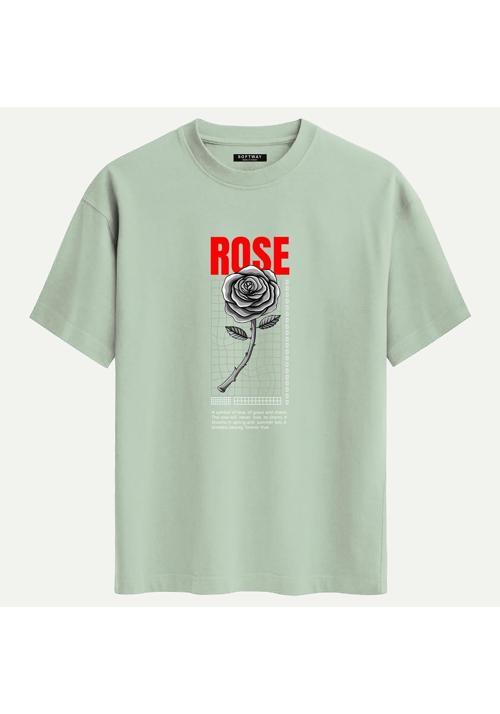 Unisex Bisiklet Yaka %100 Organik Pamuklu Kalın Dokulu Rose Baskılı Oversize T-shirt - BEJ