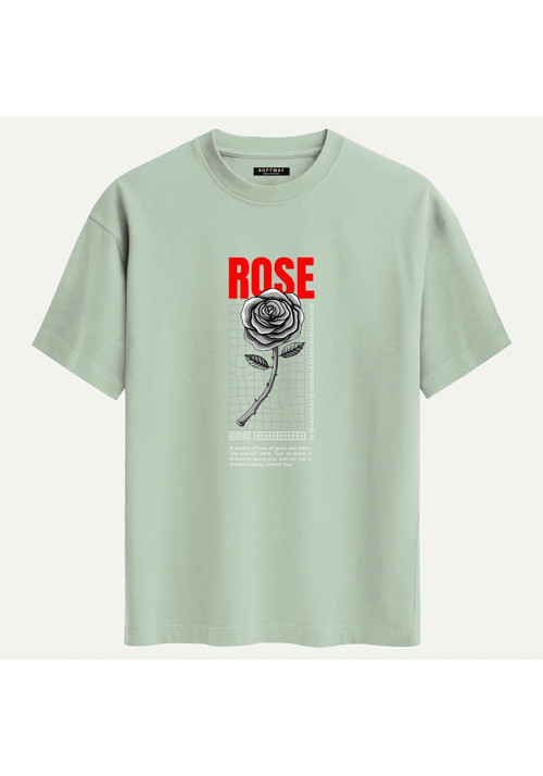 Unisex Bisiklet Yaka %100 Organik Pamuklu Kalın Dokulu Rose Baskılı Oversize T-shirt - BEJ