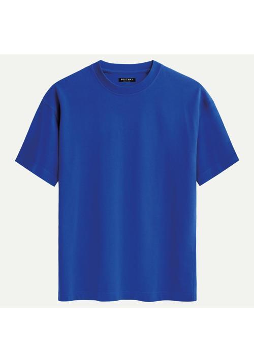 Unisex Bisiklet Yaka %100 Organik Pamuklu Kalın Dokulu Düz Oversize T-shirt - SAKS MAVİSİ