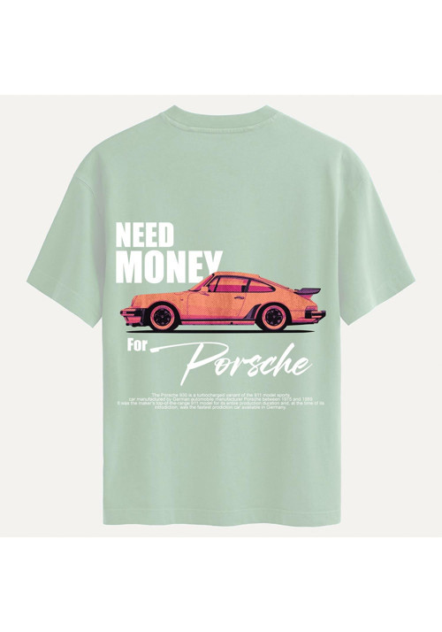 Unisex Bisiklet Yaka %100 Organik Pamuklu Kalın Dokulu Need Money For Porsche Baskılı Oversize T-shirt - BEJ