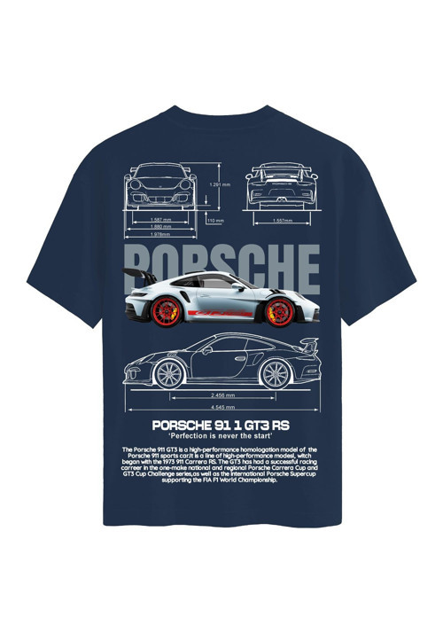 Unisex Bisiklet Yaka %100 Organik Pamuklu Kalın Dokulu Porsche 911 gt3 rs Baskılı Oversize T-shirt - LACİVERT