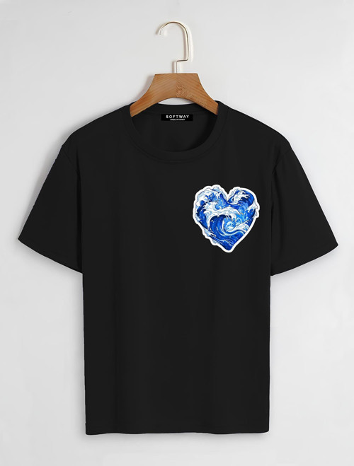 Unisex Oversize Bisiklet Yaka Ocean Heart Baskılı Basic T-Shirt - SİYAH