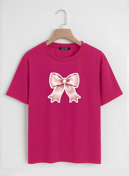 Unisex Oversize Bisiklet Yaka Powder Pink Ribbon Baskılı Basic T-Shirt - FUŞYA