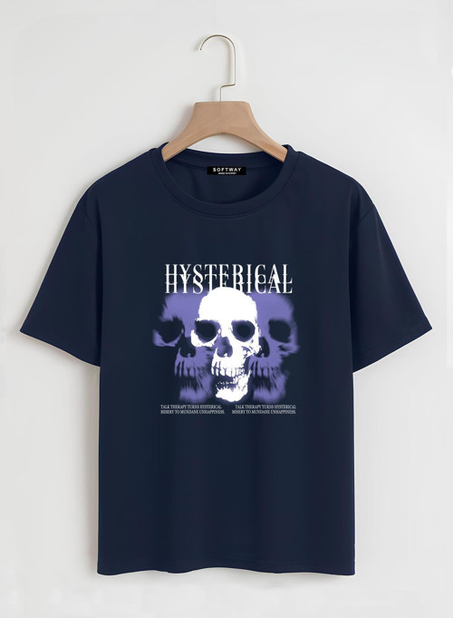 Unisex Oversize Bisiklet Yaka Hysterigal Baskılı Basic T-Shirt - LACİVERT
