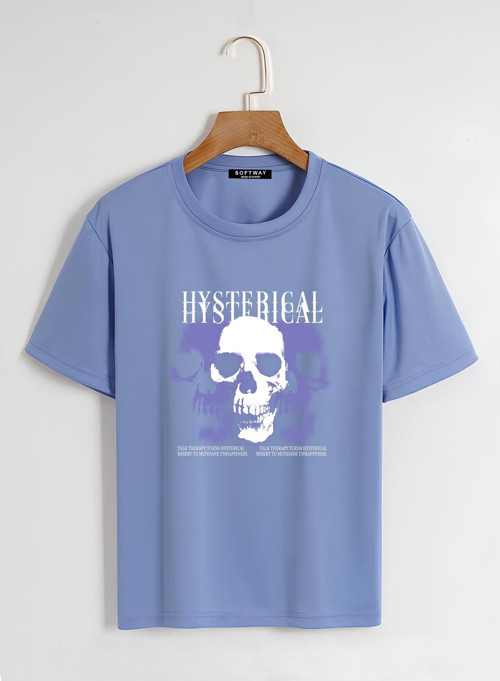 Unisex Oversize Bisiklet Yaka Hysterigal Baskılı Basic T-Shirt - MAVİ