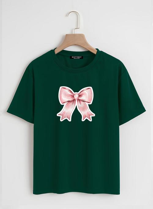 Unisex Oversize Bisiklet Yaka Powder Pink Ribbon Baskılı Basic T-Shirt - KOYU YEŞİL